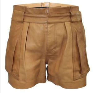 A.L.C Calf Leather Paperbag High Rise Wide Leg Lightweight Pleated Shorts $870